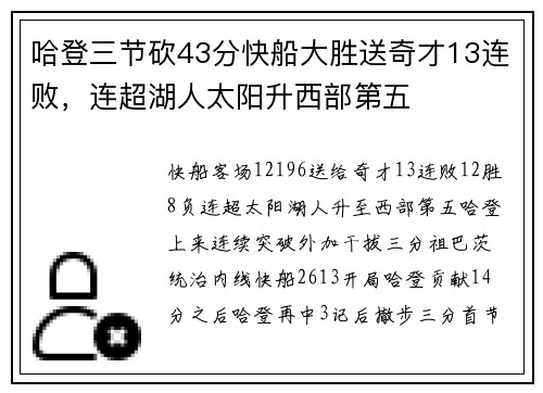 哈登三节砍43分快船大胜送奇才13连败，连超湖人太阳升西部第五