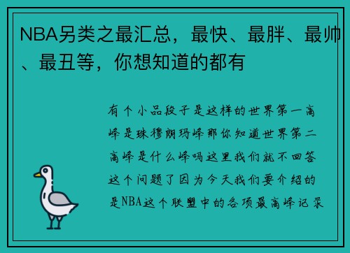 NBA另类之最汇总，最快、最胖、最帅、最丑等，你想知道的都有