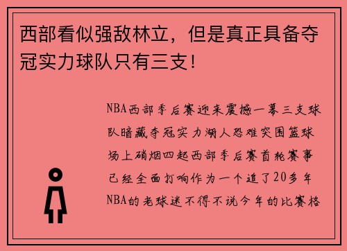 西部看似强敌林立，但是真正具备夺冠实力球队只有三支！
